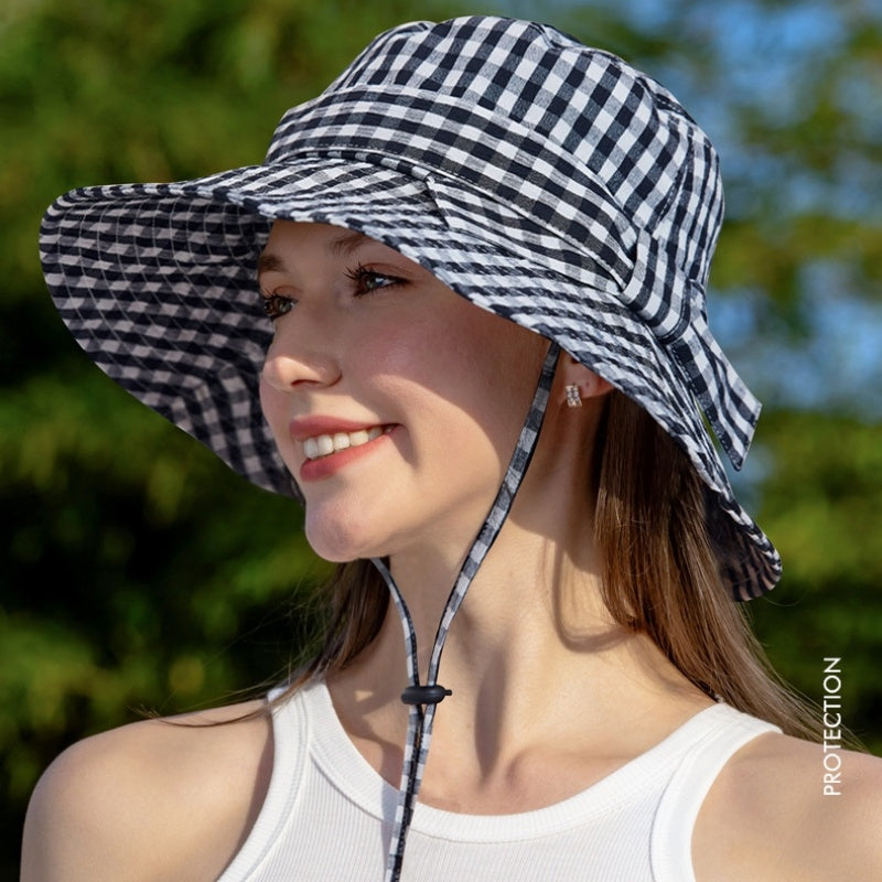 Check Pattern Sun Hat with Bow