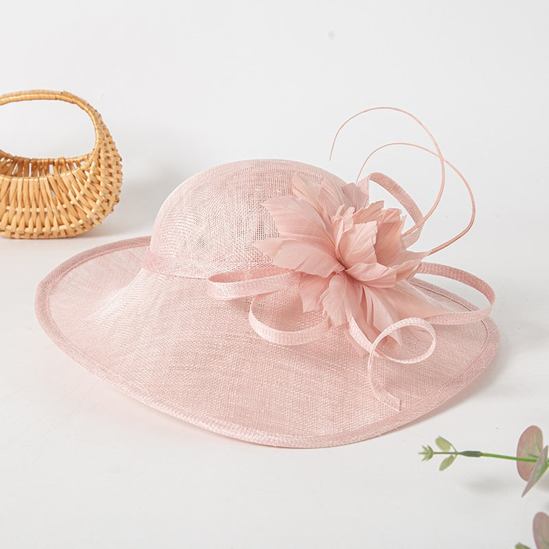 Wide Brim Top Hat with Feather Flower Decoration
