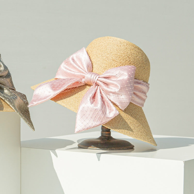 Sun Hat Straw Hat with Mesh Yarn Bow Webbing