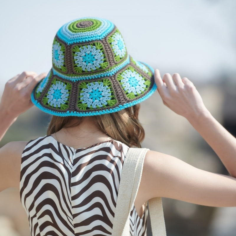 Straw Bucket Hat with Colorful Patterns