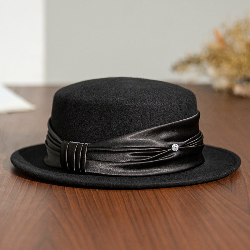 Felt Flat Top Hat with Bow Webbing and Crystal