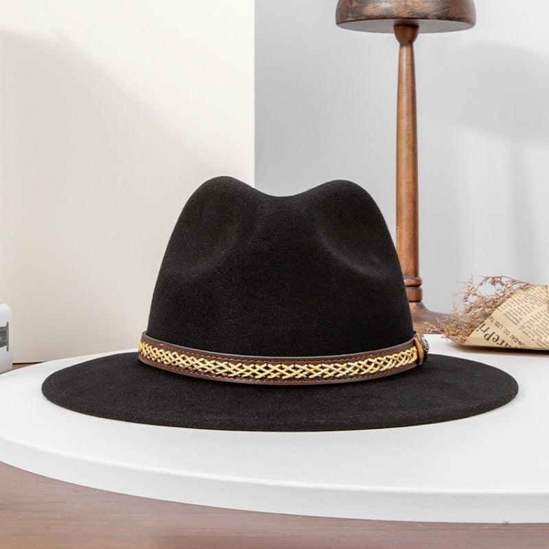 Felt Cowboy Hat with Interwoven Thread Spliced Copper Buckle Leather Strap