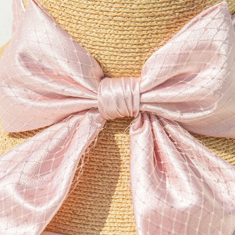 Sun Hat Straw Hat with Mesh Yarn Bow Webbing