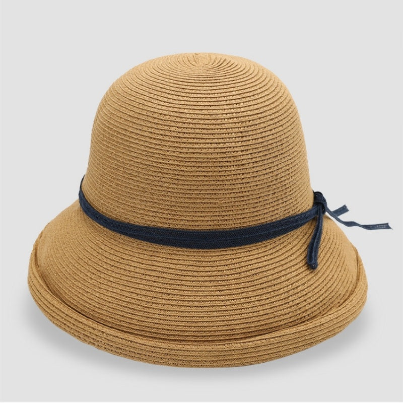 Rolled-up Straw Hat with Bow Decoration