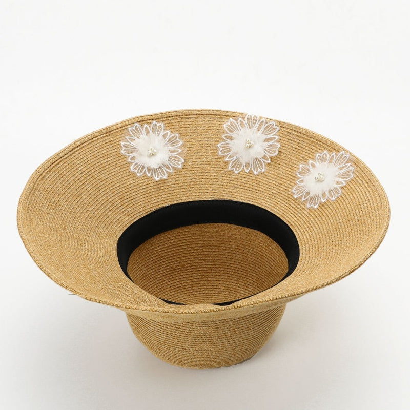 Straw Hat with Floral Lace Embroidery