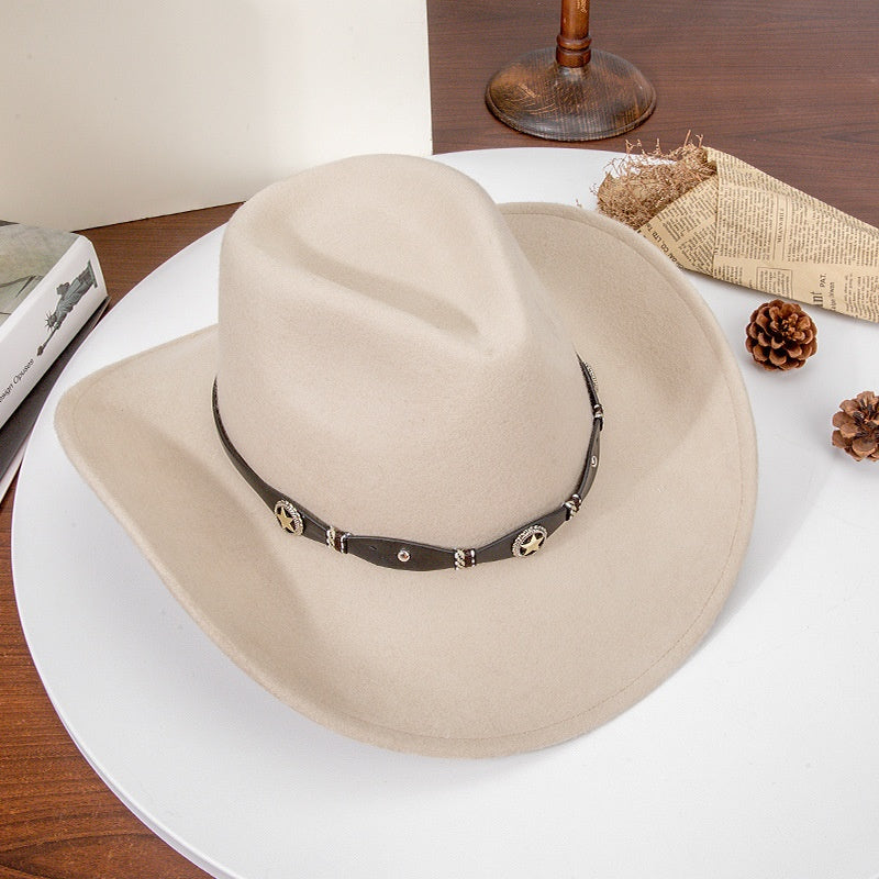 Felt Cowboy Hat with Copper Buckle Leather Strap and Star Decoration