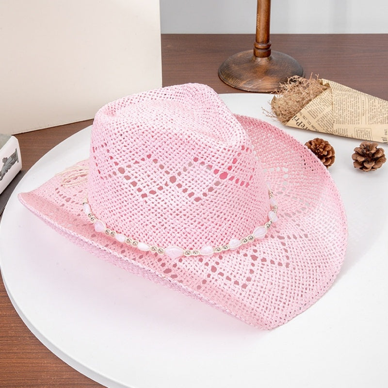Straw Cowboy Hat Sun Hat with String of Beads