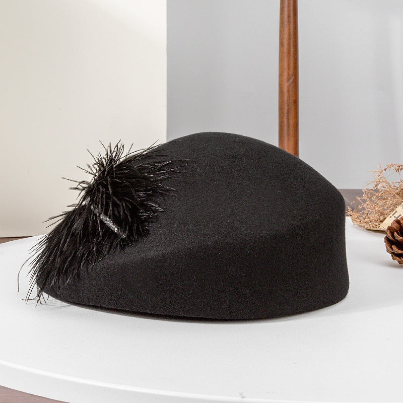 Felt Pillbox Hat with Crystal and Feather Decorations
