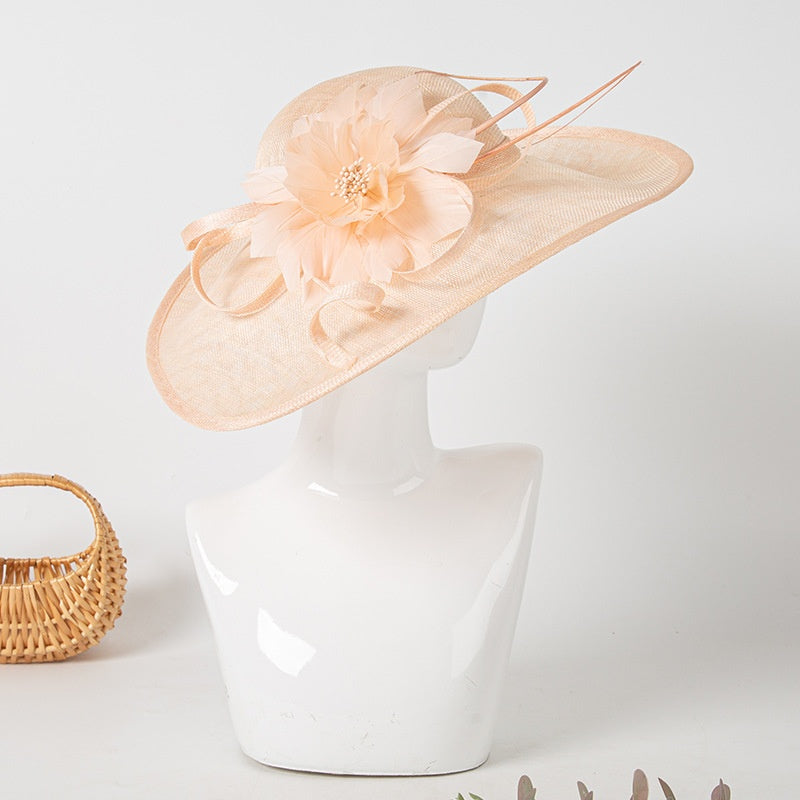 Wide Brim Top Hat with Feather Flower Decoration