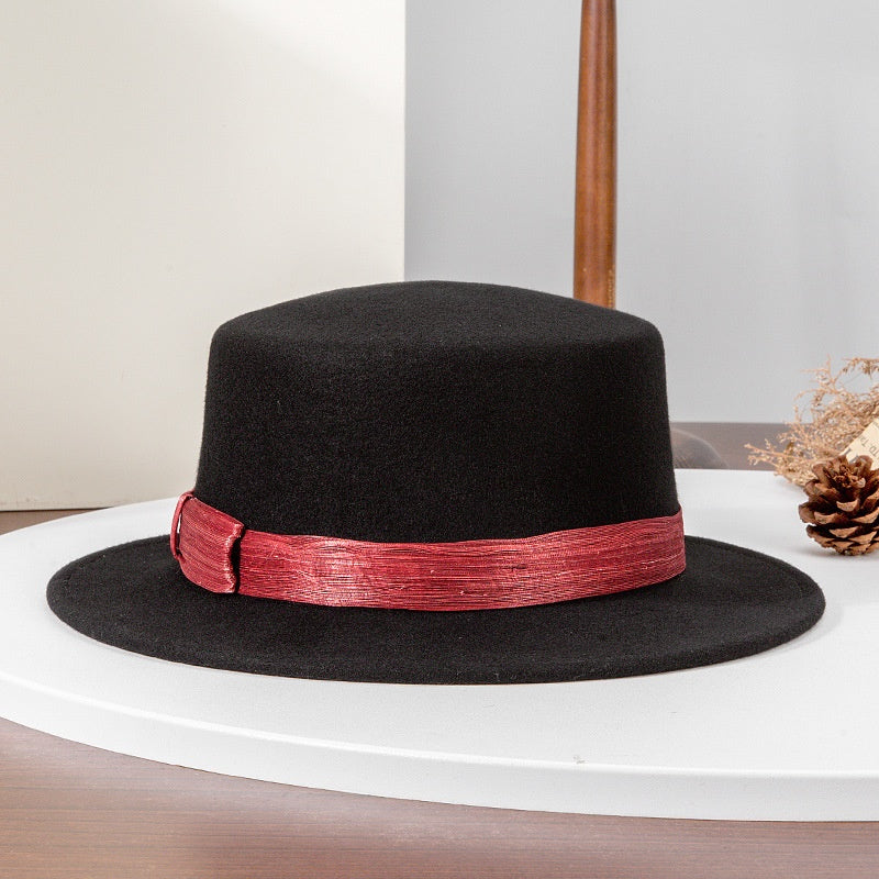 Felt Flat Roof Top Hat with Woven Webbing Decoration