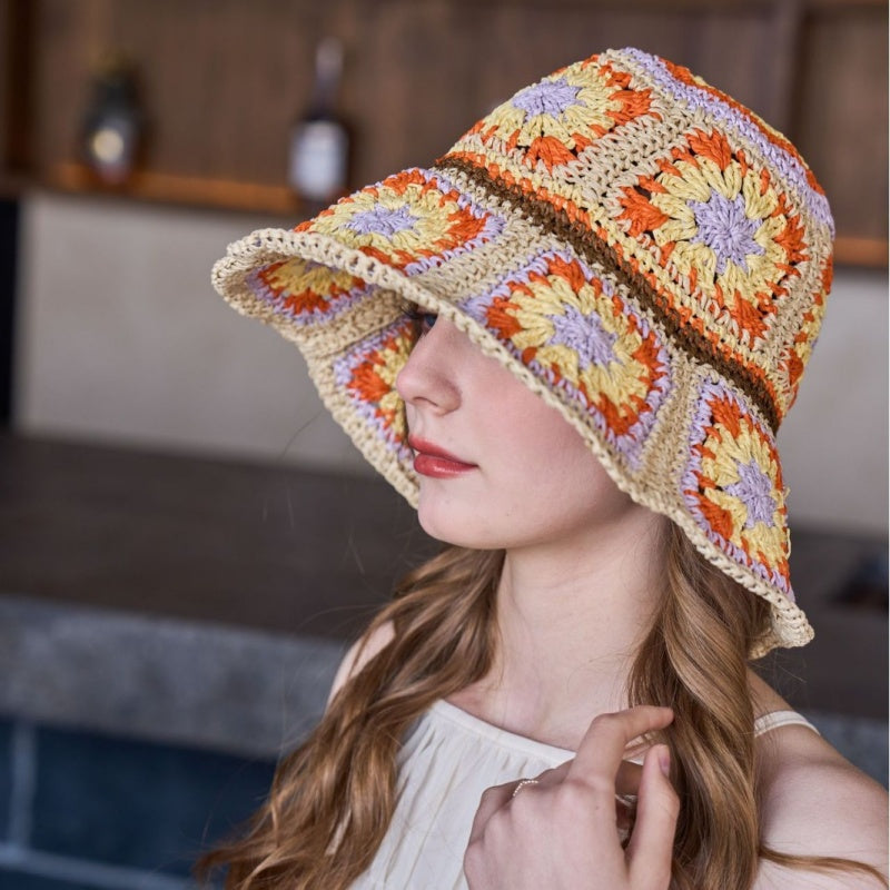 Straw Bucket Hat with Colorful Patterns