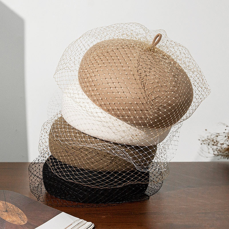 Felt Beret with Grid Veil