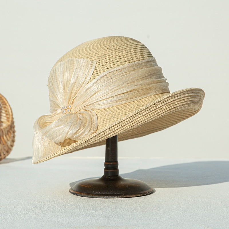 Sun Hat Rolled Edge with Pearls and Ribbons