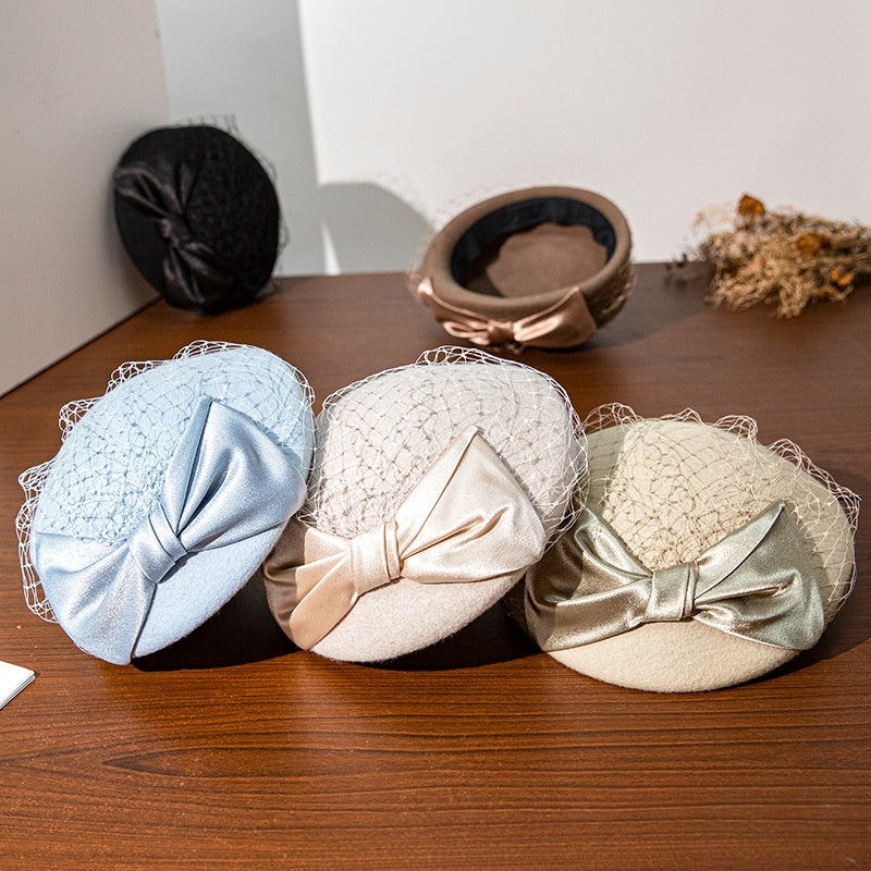 Felt Beret Pillbox Hat with Bow and Lace