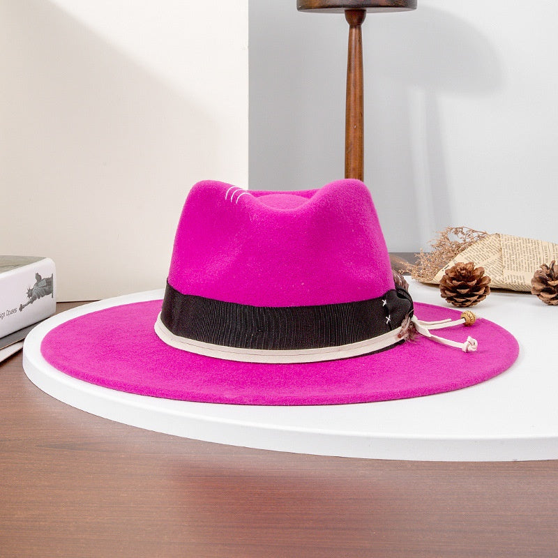 Felt Wide Brim Cowboy Hat with Bow Webbing and Feather