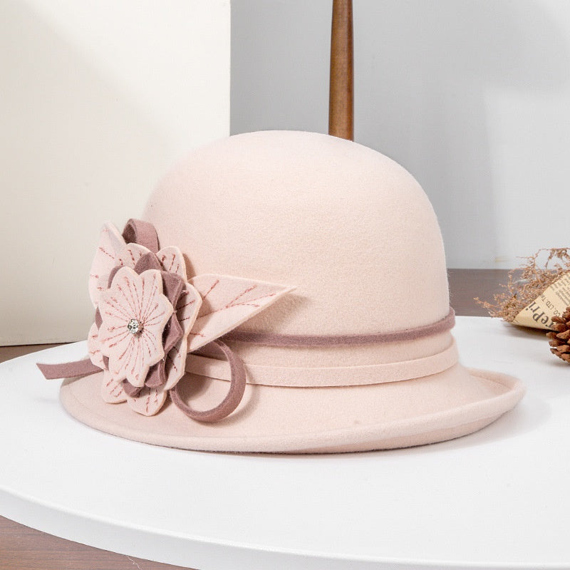Felt Top Hat with Flower and Zircon Decoration