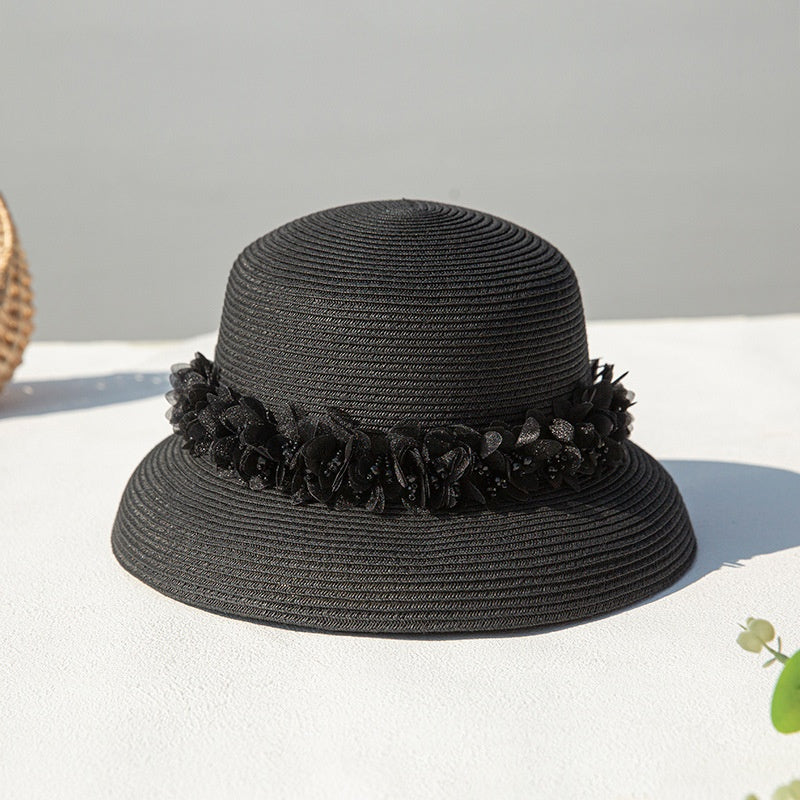 Straw Hat with Mesh Petal Decorative Strips