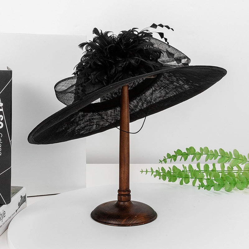 Wide Brim Top Hat with Feather Flower and Lace