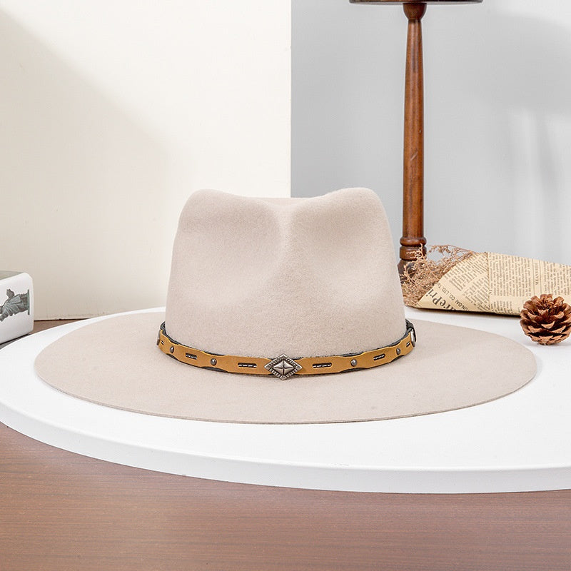 Felt Cowboy Hat with Copper Buckle Leather Strap