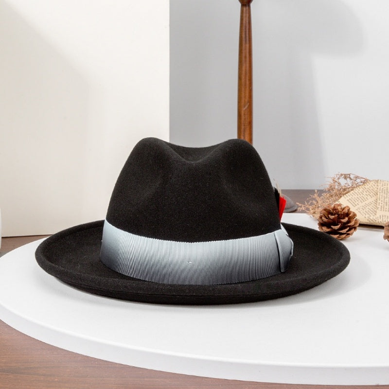 Rolled Edge Felt Top Hat with Feathers and Bow Webbing