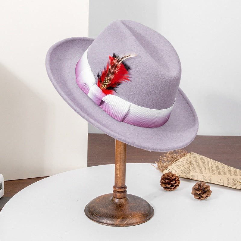 Rolled Edge Felt Top Hat with Feathers and Bow Webbing