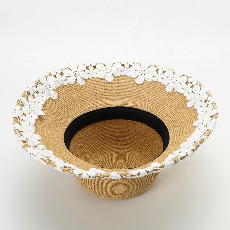 Straw Hat with Floral Lace Embroidery