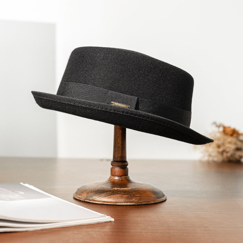 Black Felt Rolled Brim Top Hat with Webbing Decoration