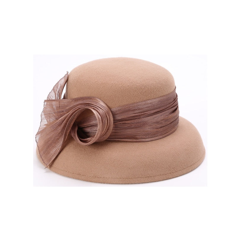 Felt Top Hat Rolled Edge with Flax Ribbon Decoration