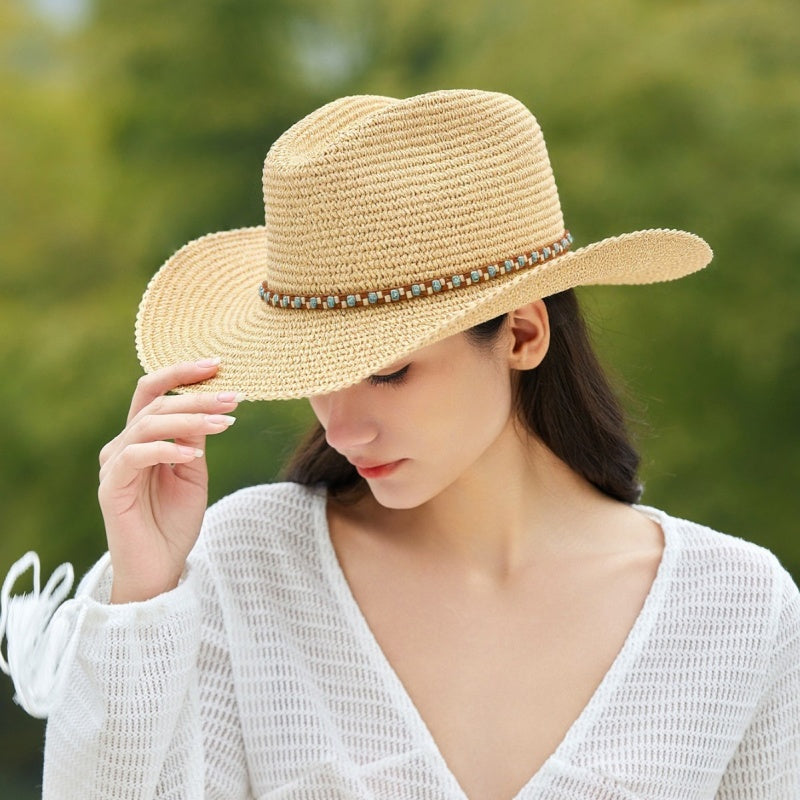 Straw Cowboy Hat with Beaded Decoration