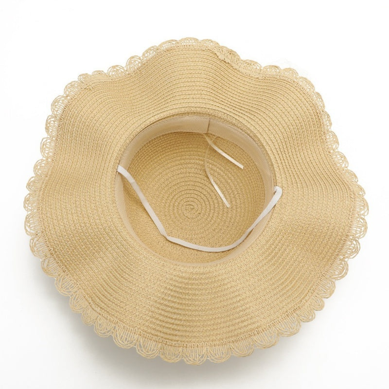 Foldable Straw Hat with Wide Wrinkled Brim