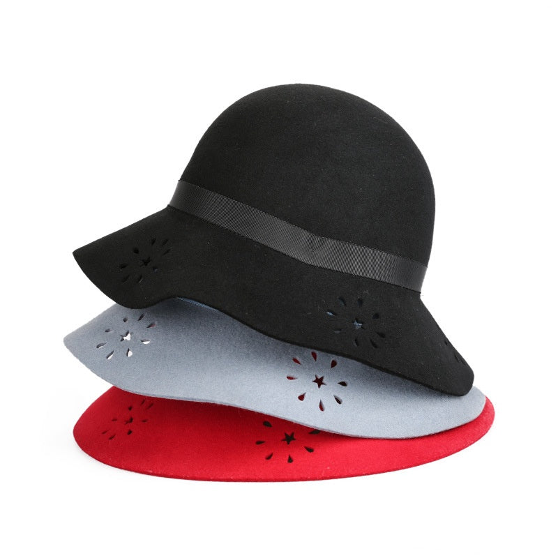 Felt Wide Brim Top Hat with Hollowed-out and Webbing