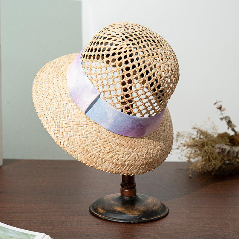 Straw Hollowed-out Sun Hat with Printed Webbing