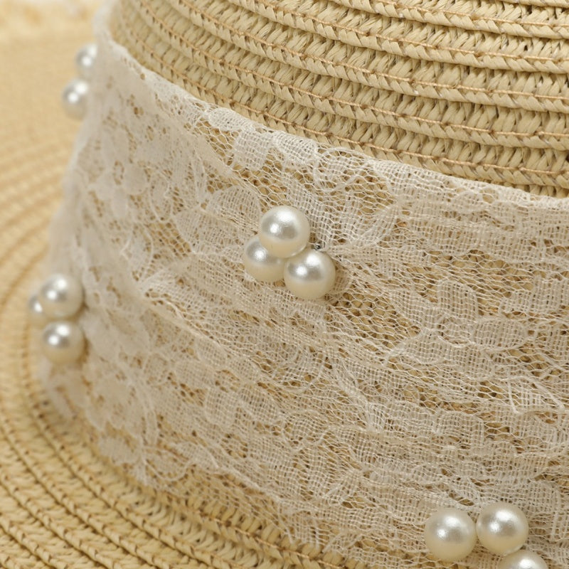 Foldable Straw Hat with Bead Decoration