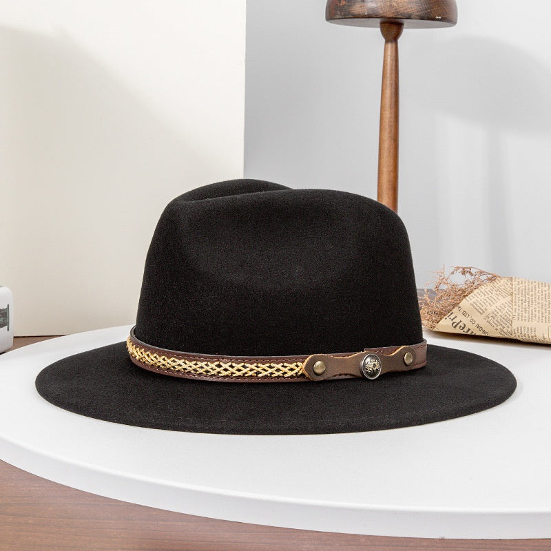 Felt Cowboy Hat with Interwoven Thread Spliced Copper Buckle Leather Strap