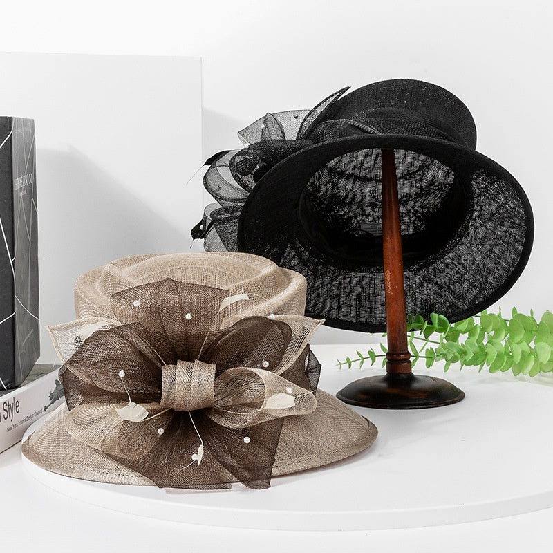 Linen Yarn Top Hat with Floral Decoration and Beads