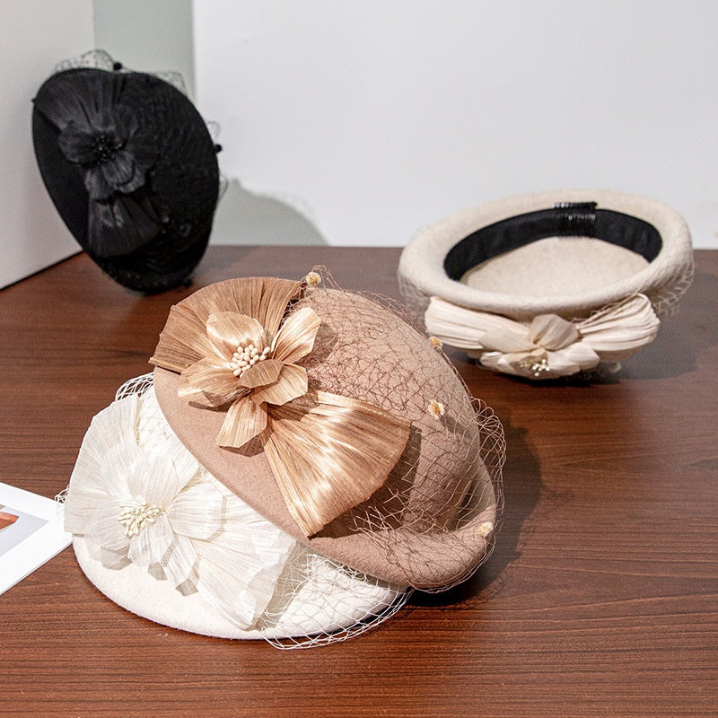 Felt Beret with Pearl Flower and Lace