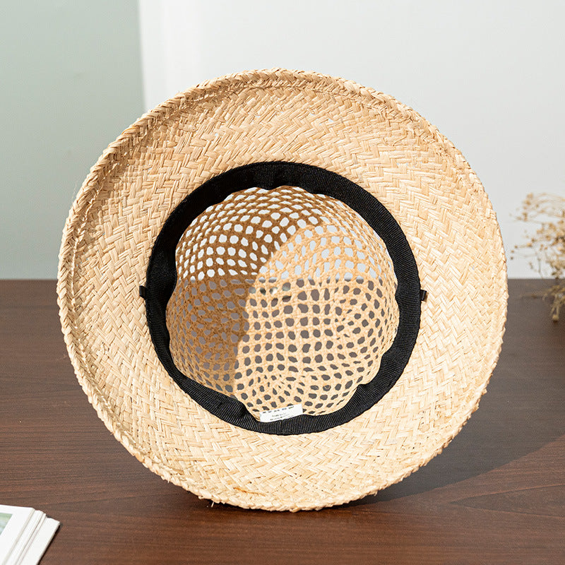 Straw Hollowed-out Sun Hat with Printed Webbing