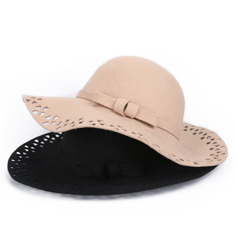 Felt Wide Brim Top Hat with Hollowed-out and Bow Webbing