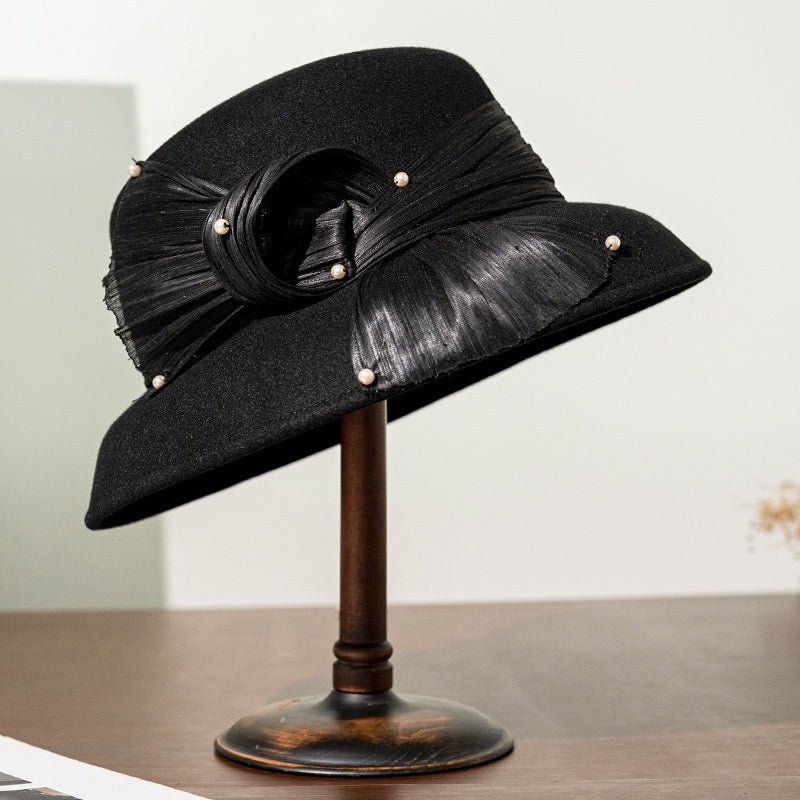 Felt Top Hat with Linen Bow and Pearl