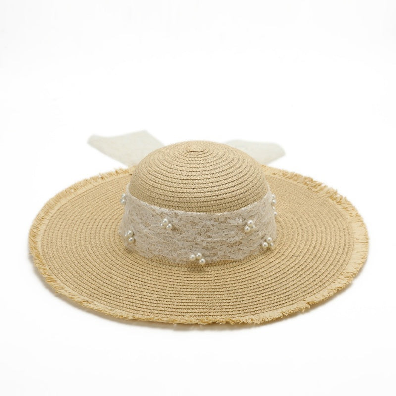 Foldable Straw Hat with Bead Decoration