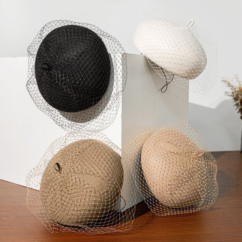 Felt Beret with Grid Veil
