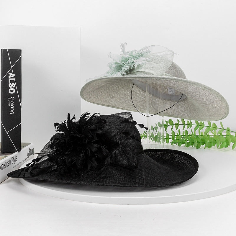 Wide Brim Top Hat with Feather Flower and Lace