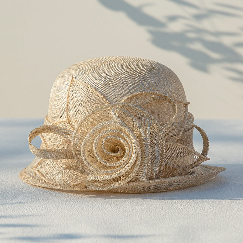 Top Hat Rolled Edge with Handmade Linen Yarn Flowers