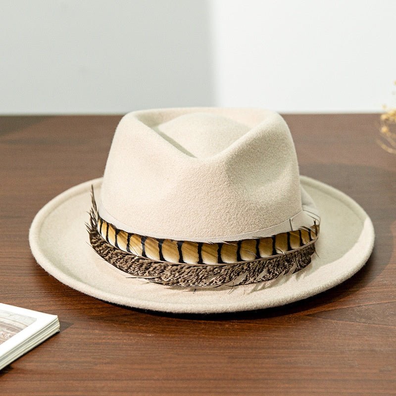 Wide Brim Rolled Edge Top Hat with Feather and Bow Decoration