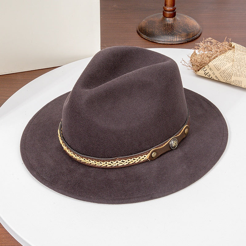 Felt Cowboy Hat with Interwoven Thread Spliced Copper Buckle Leather Strap