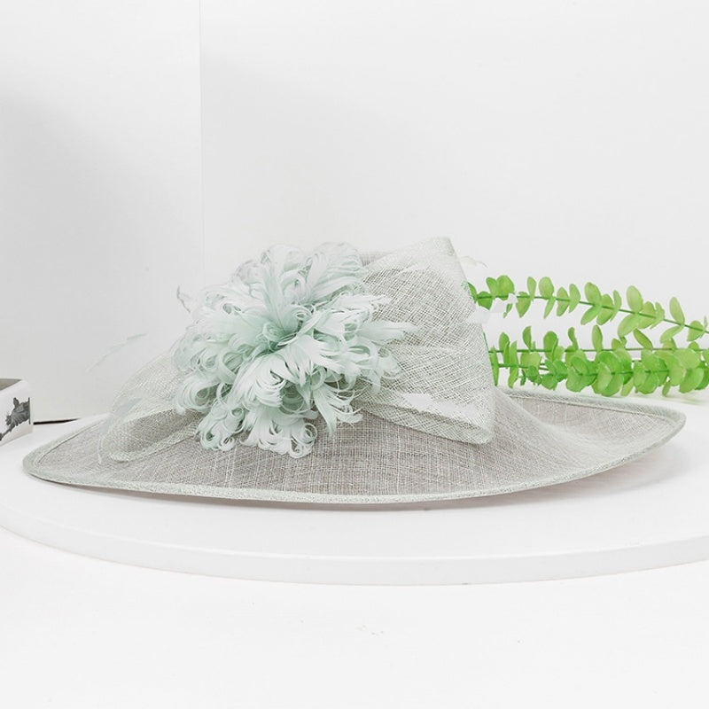 Wide Brim Top Hat with Feather Flower and Lace