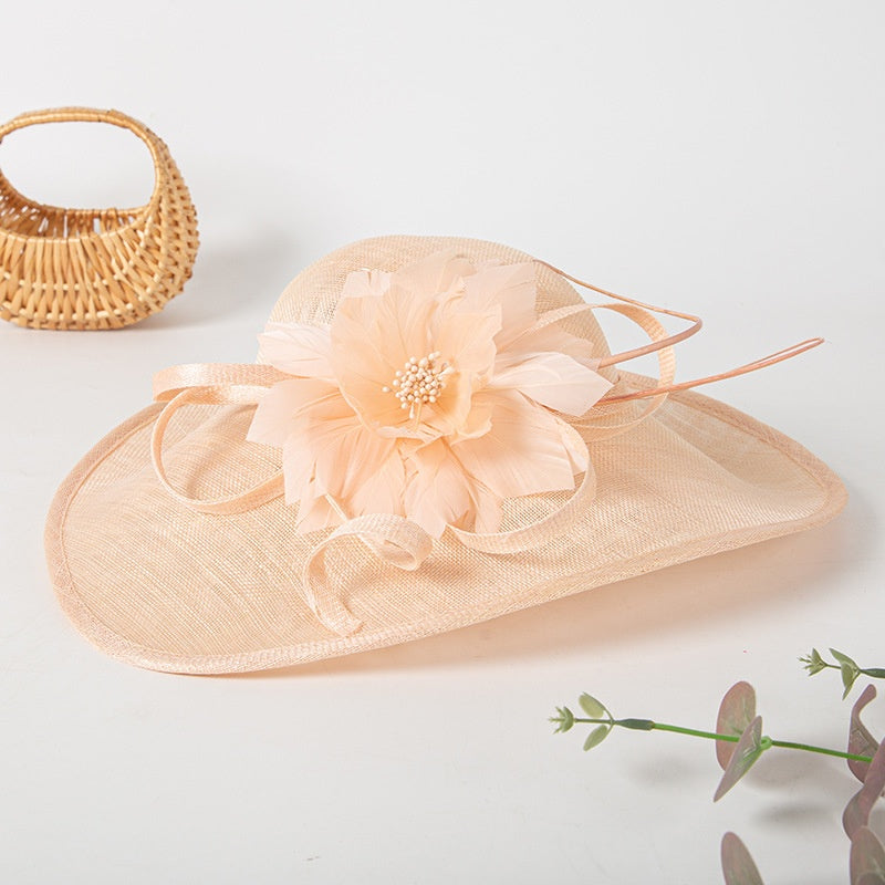 Wide Brim Top Hat with Feather Flower Decoration