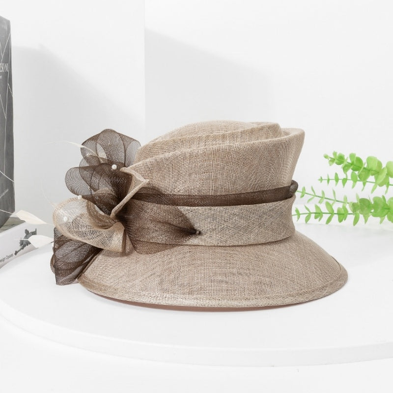 Linen Yarn Top Hat with Floral Decoration and Beads