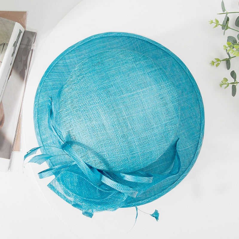 Water Blue Linen Yarn Top Hat with Floral Decoration