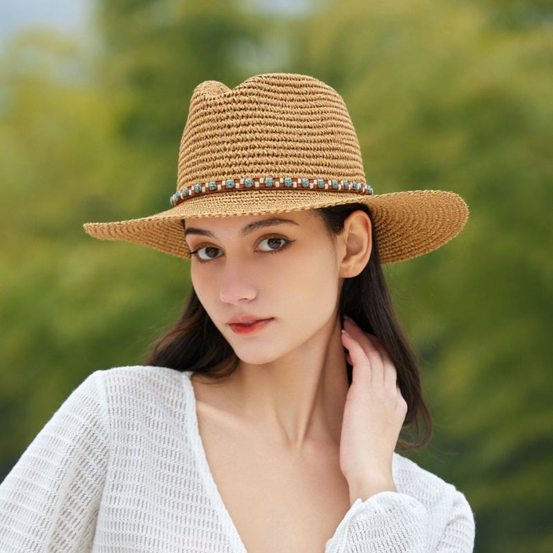 Straw Cowboy Hat with Beaded Decoration